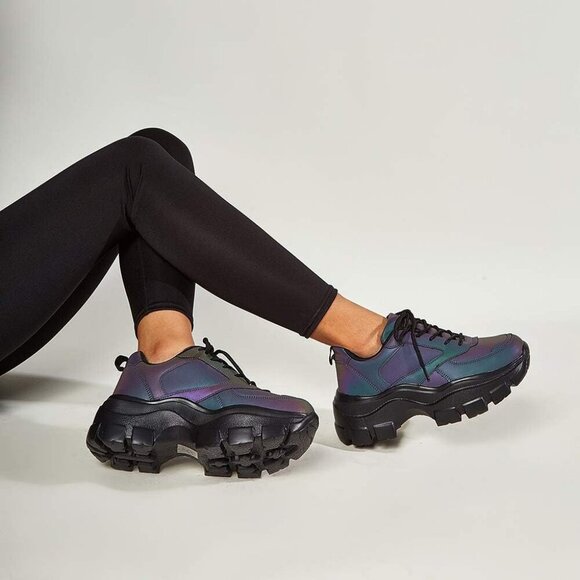 Women Charcoal Platform Fuchsia Hologram Casual Lace-Up Sneakers - Picture 5 of 7